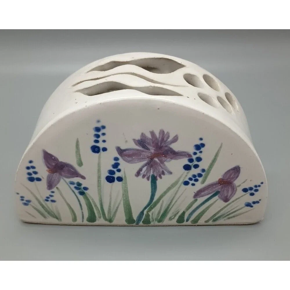 Ceramic Art Piece Vase Hand Thrown Painted Iris Floral Arrangement